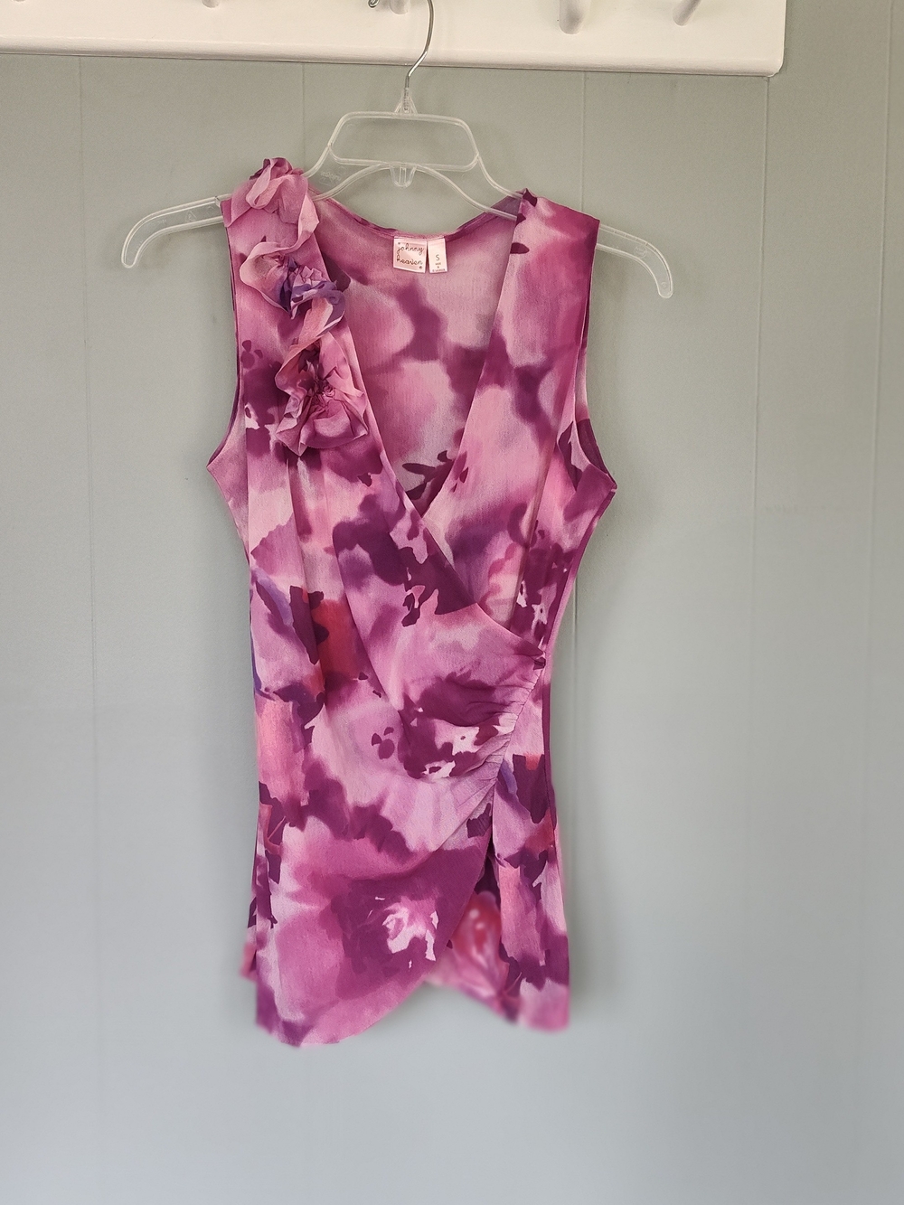 Vintage Top - Sleeveless Pink Floral Faux-Wrap Ruffle - S